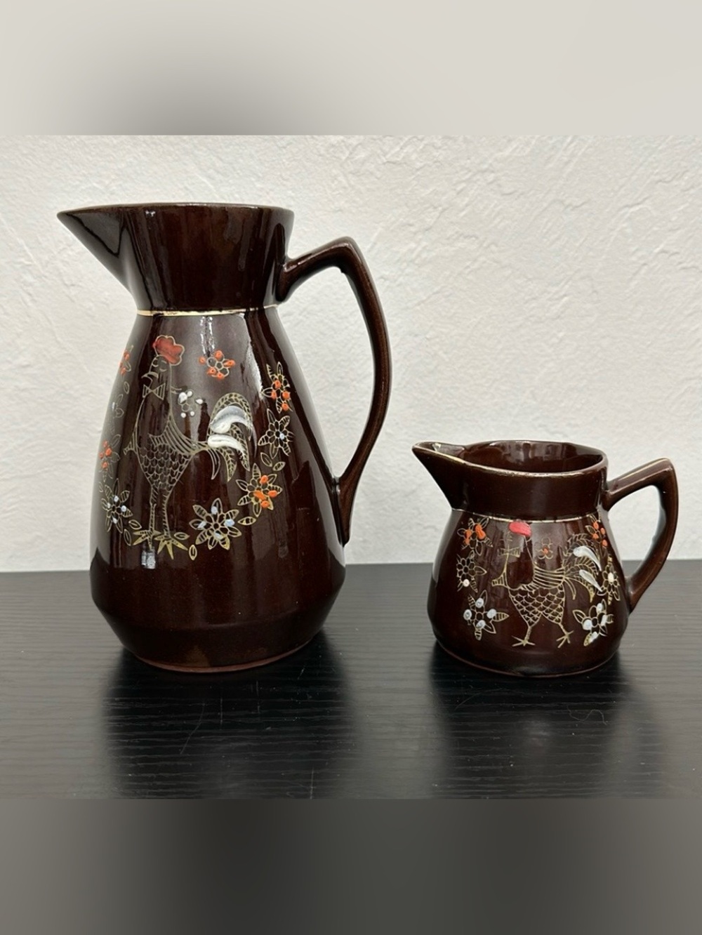 Rooster Redware Moriage Pottery Milk Pitcher & Creamer Set Japan